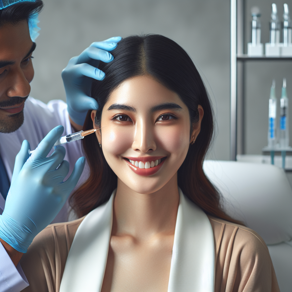 A close-up of a smiling woman receiving dermal filler injections in a modern clinic setting