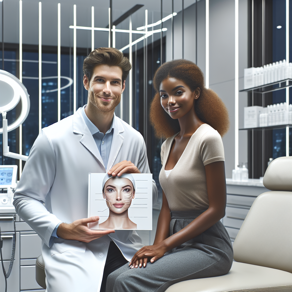 A professional aesthetician consulting with a client about dermal fillers in a modern clinic setting