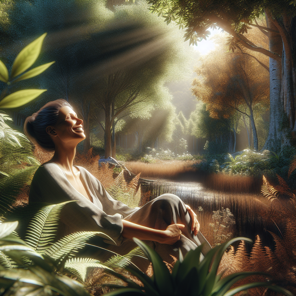 A serene woman enjoying life after hormone replacement therapy, surrounded by nature