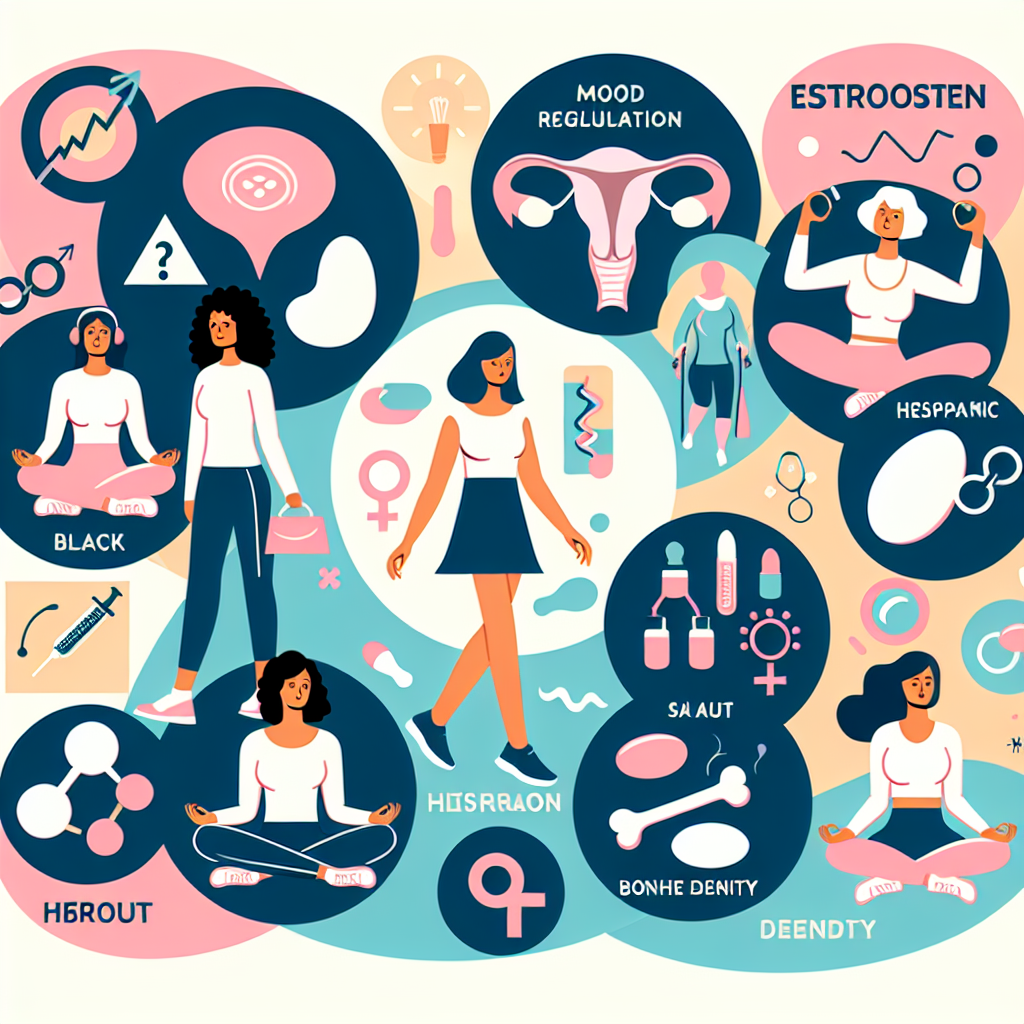 A vibrant illustration depicting the role of estrogen in women's health with visuals representing various aspects like mood regulation, reproductive health, and bone density