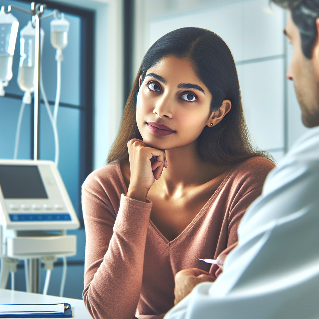 A thoughtful woman discussing hormone therapy with her doctor in a modern clinic setting