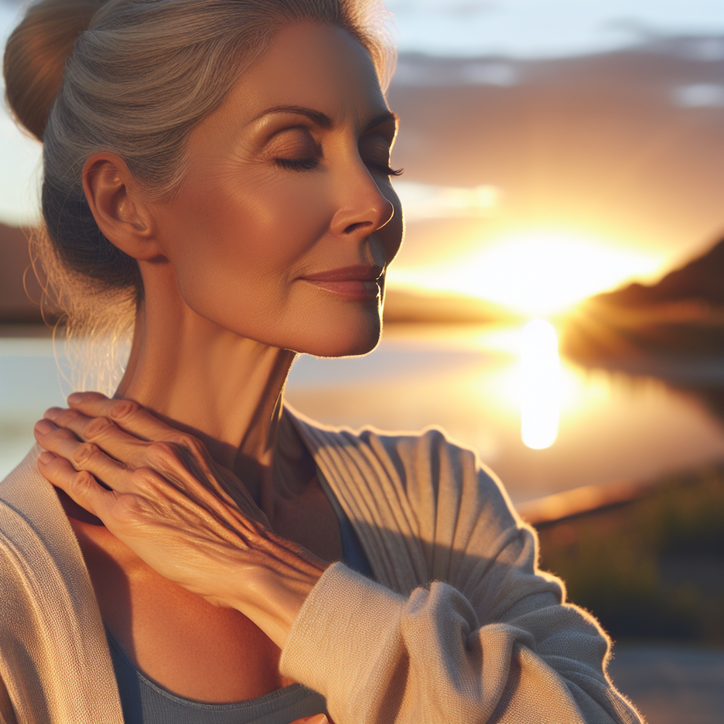 A serene image of a middle-aged woman enjoying life outdoors during sunset, symbolizing wellness and balance after menopause