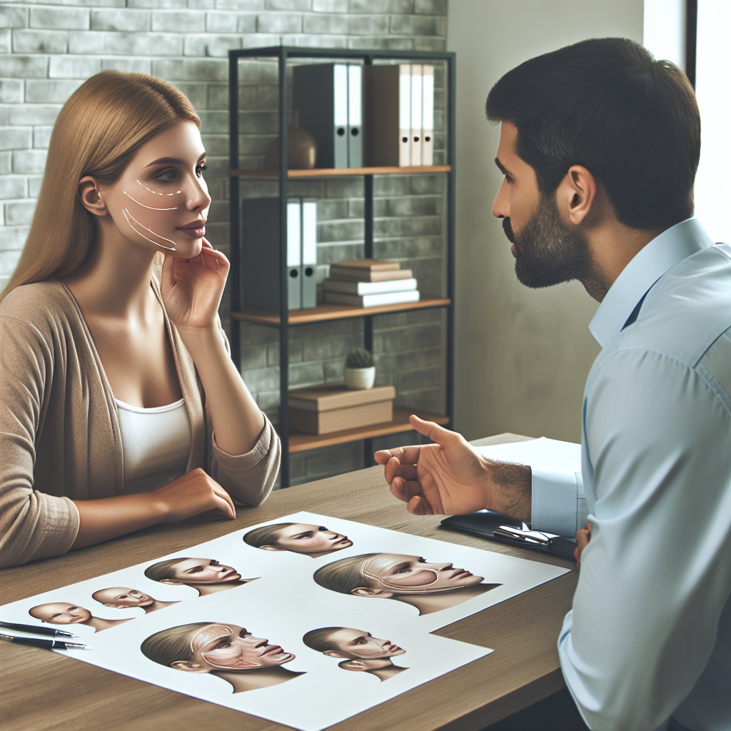 Aesthetic consultation scene showing a professional discussing cheek augmentation options with a client