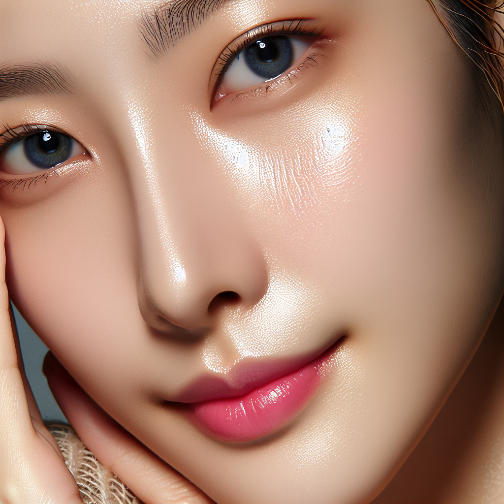 A close-up of a woman's face with visibly minimized pores after skincare treatment, showcasing smooth skin texture and healthy glow