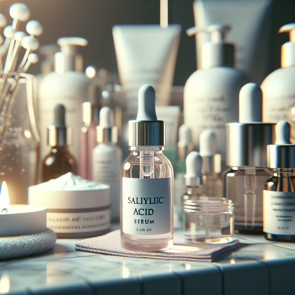A close-up view of a bottle of salicylic acid serum on a bathroom counter surrounded by skincare products