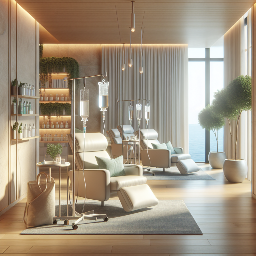 A serene wellness clinic interior with an IV infusion setup including comfortable chairs and soothing decor