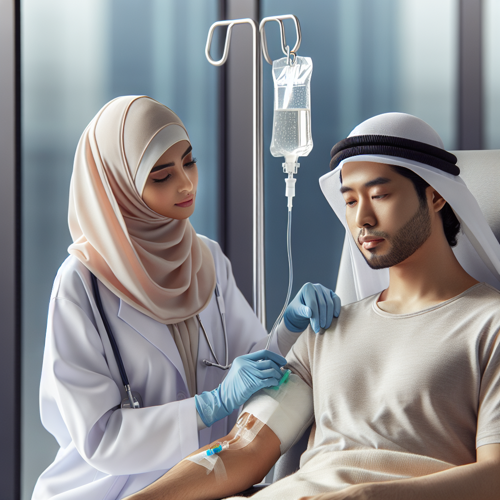 A healthcare professional administering an IV infusion in a modern clinic setting