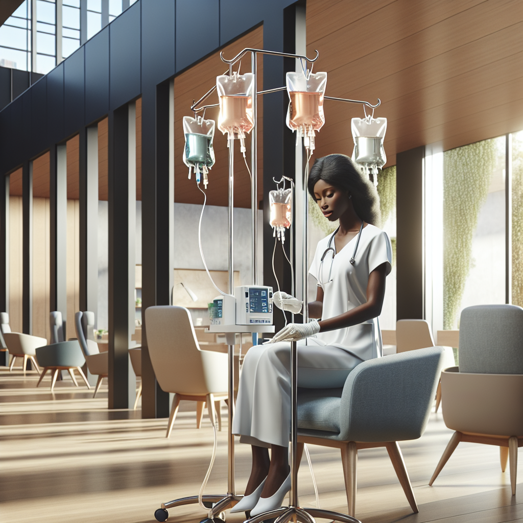 A nurse administering an IV infusion in a modern wellness clinic, showcasing various IV bags with colorful liquids, bright and welcoming atmosphere