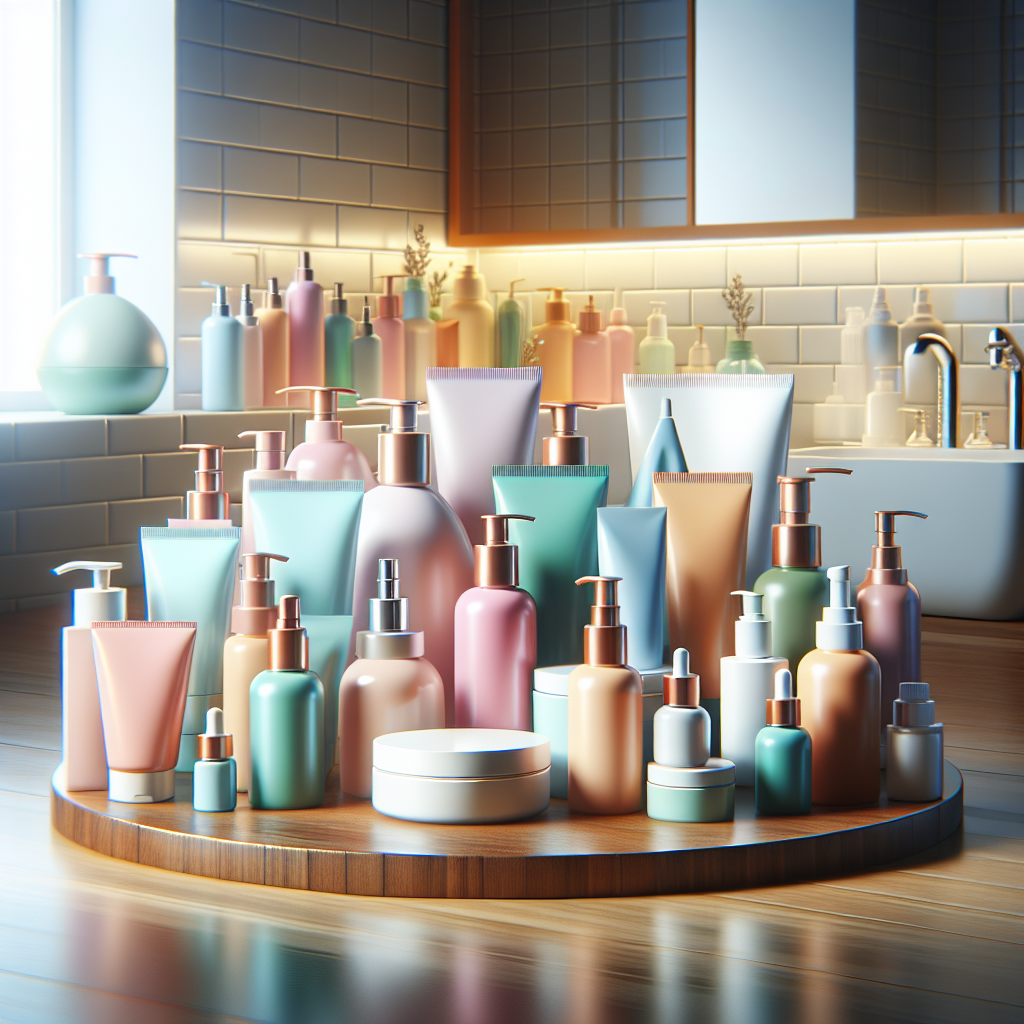 A vibrant skincare routine with various brightening products displayed on a bathroom counter