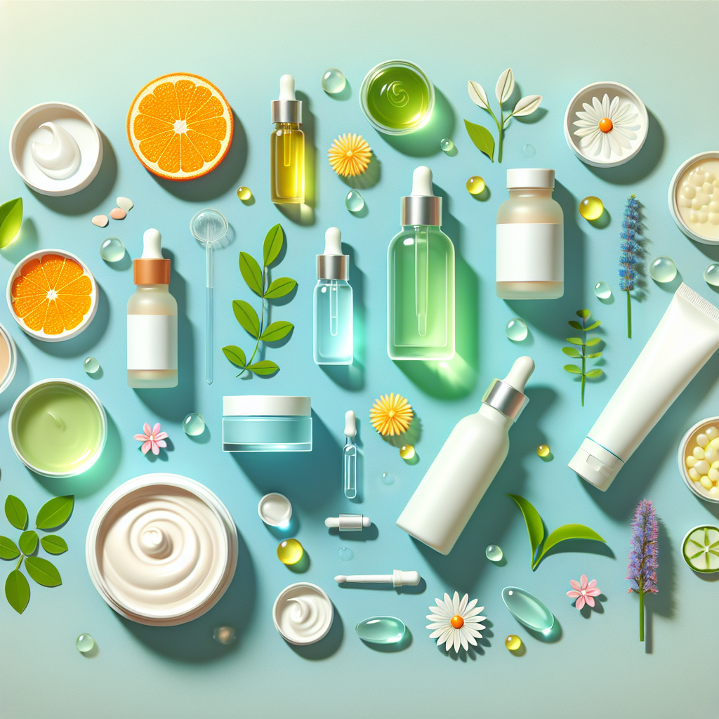 A flat lay of various luminous skincare products including creams, serums, and natural ingredients like vitamin C and licorice extract