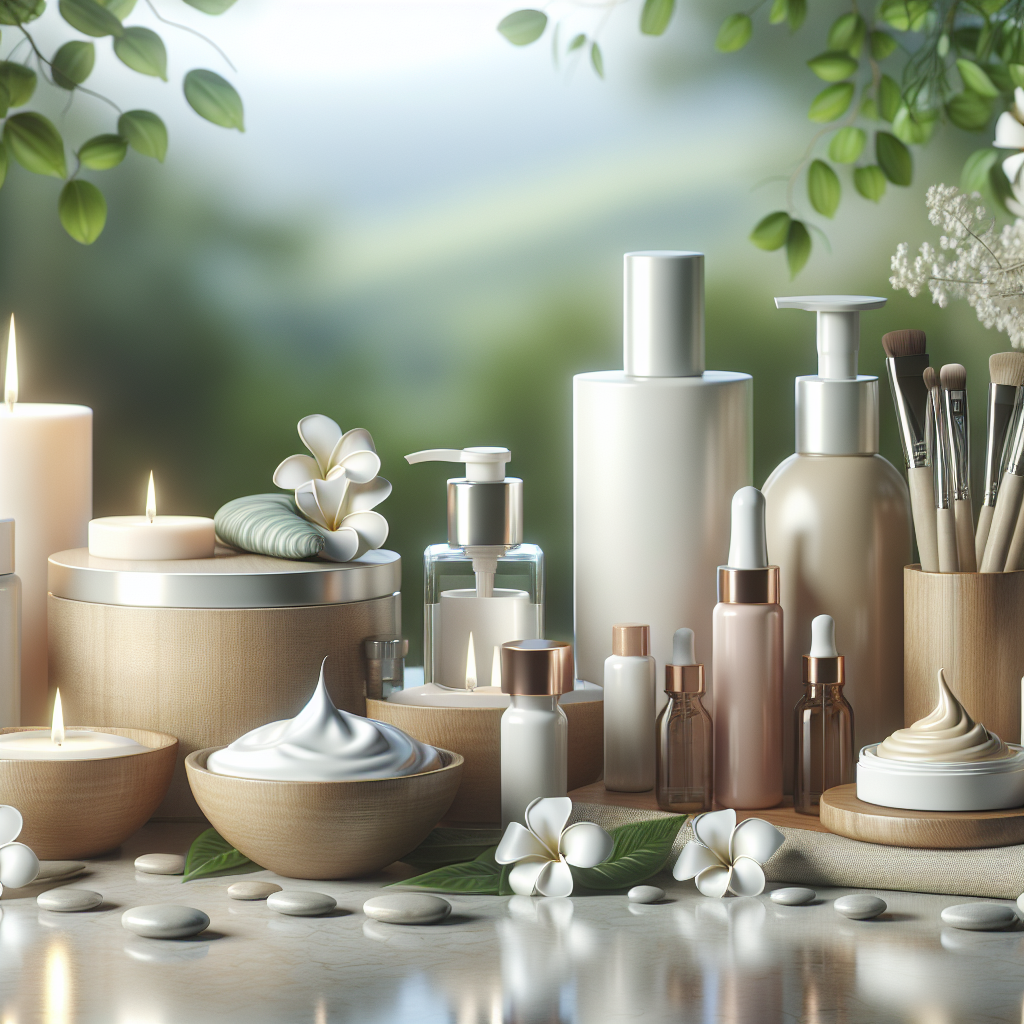 A serene spa setting with various brightening skincare products displayed elegantly