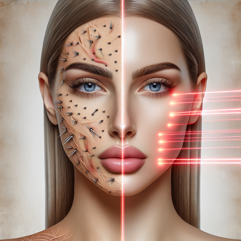 A side-by-side comparison of microneedle therapy and laser treatment with visual elements representing each method, including before and after effects