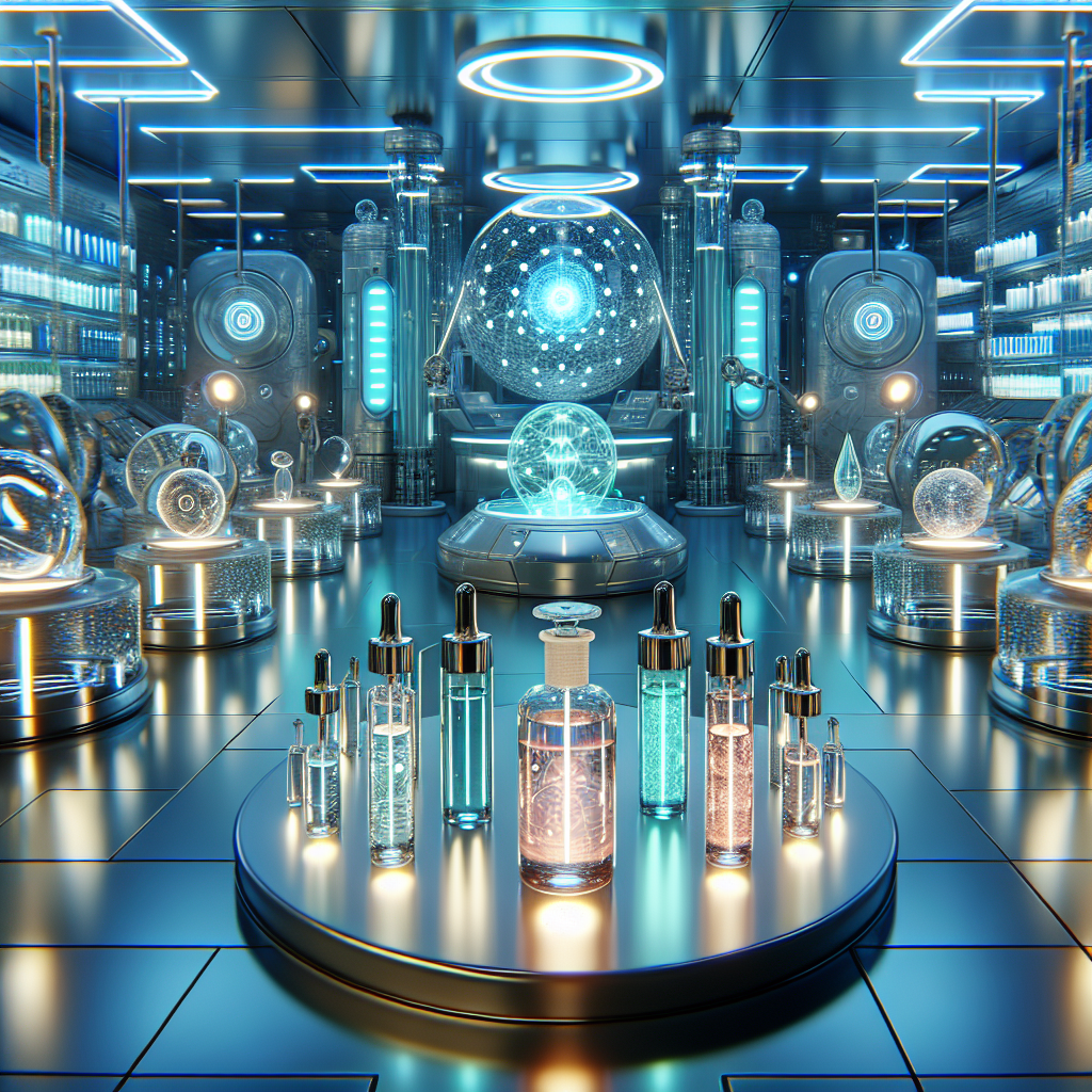 A futuristic skincare lab showcasing advanced technology and beauty products, with glowing serums and high-tech devices