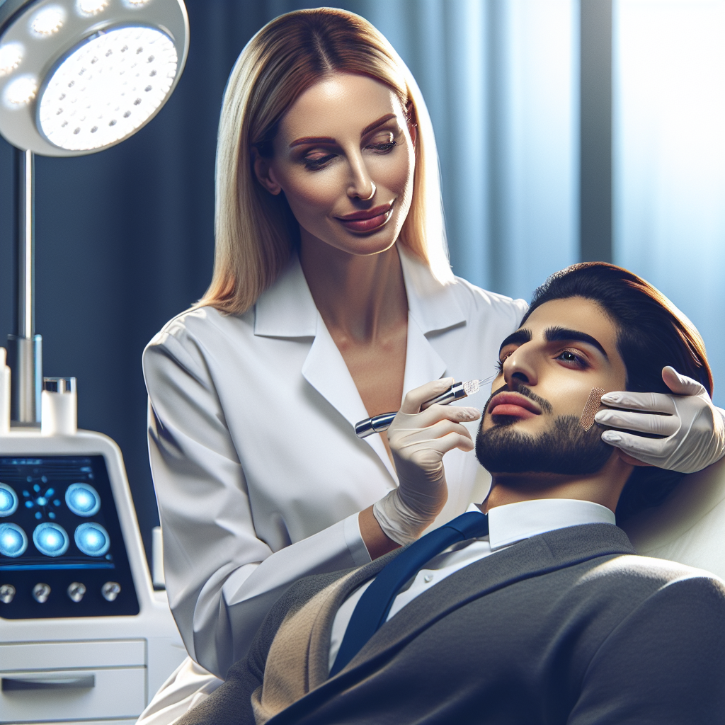 A dermatologist performing a microneedling treatment on a patient in a modern clinic setting, showcasing advanced skincare technology