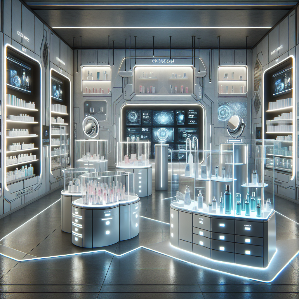 A futuristic skincare lab showcasing high-tech beauty devices and advanced skincare products