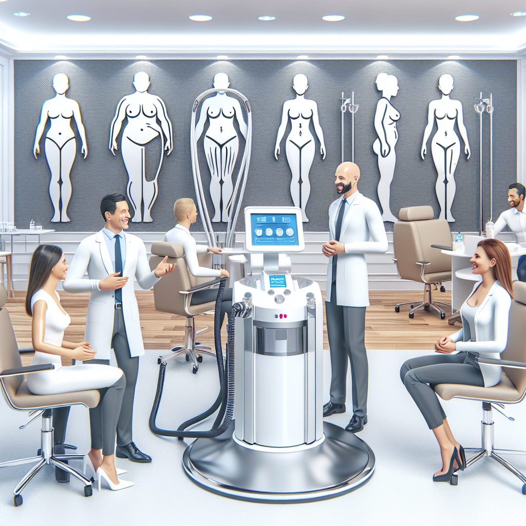 A modern aesthetic clinic featuring advanced body contouring equipment and happy clients discussing targeted fat removal solutions