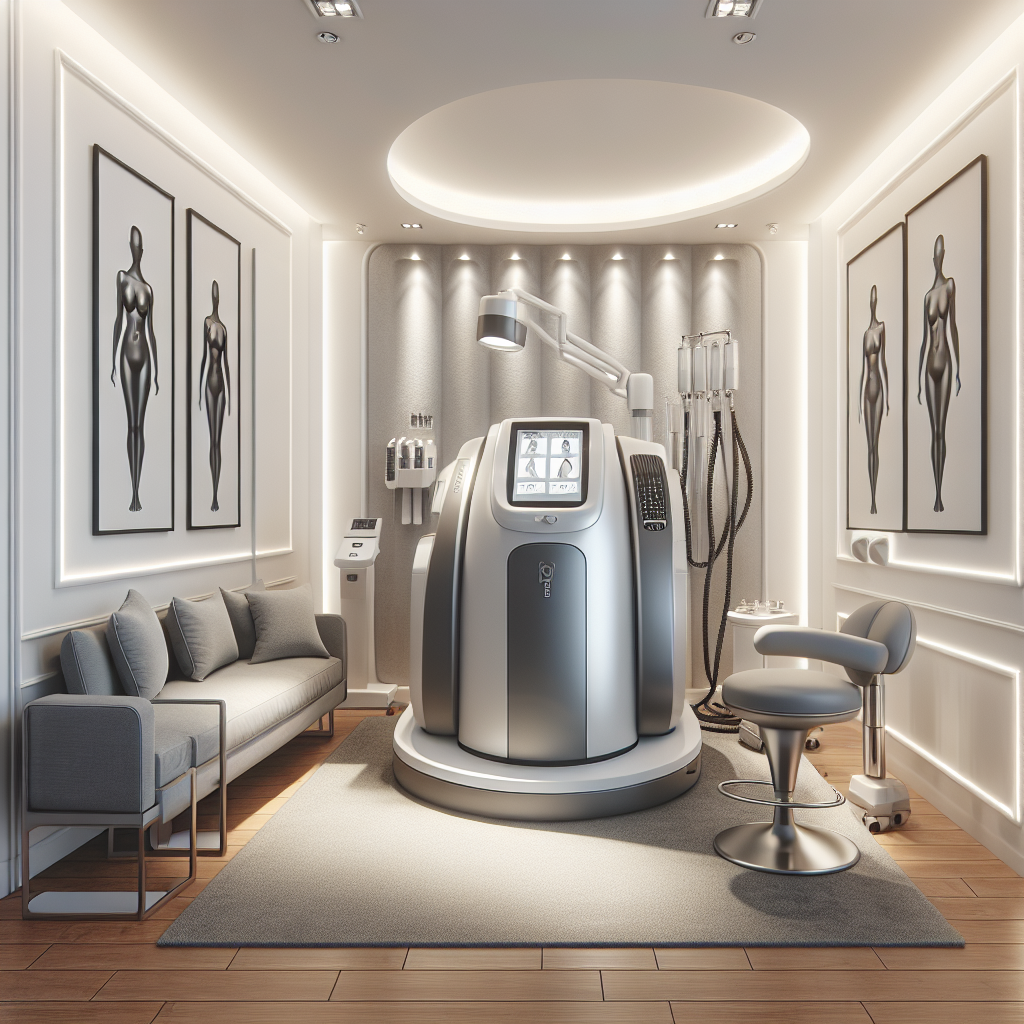 A modern medspa treatment room showcasing non-surgical fat reduction technology like CoolSculpting and laser lipo equipment