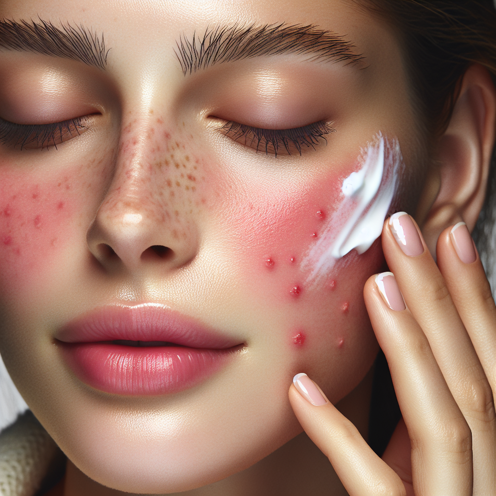 A close-up image of a woman applying soothing cream on her face with visible signs of rosacea