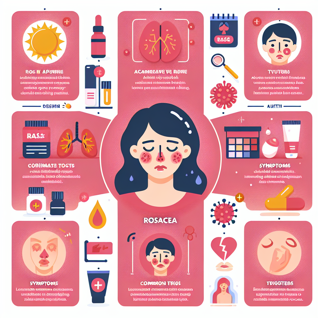 A detailed infographic illustrating different types of rosacea with symptoms and common triggers