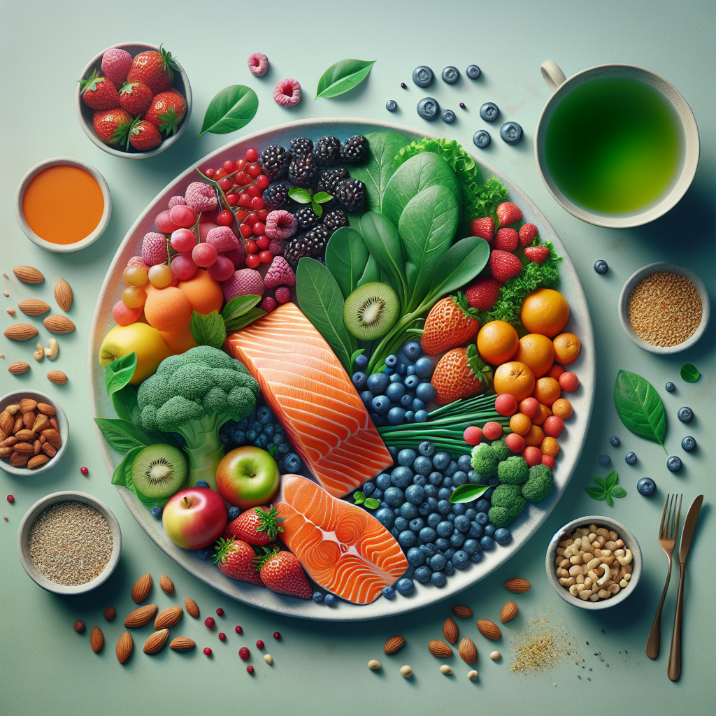 A vibrant plate filled with anti-inflammatory foods such as salmon, berries, leafy greens, nuts, and green tea
