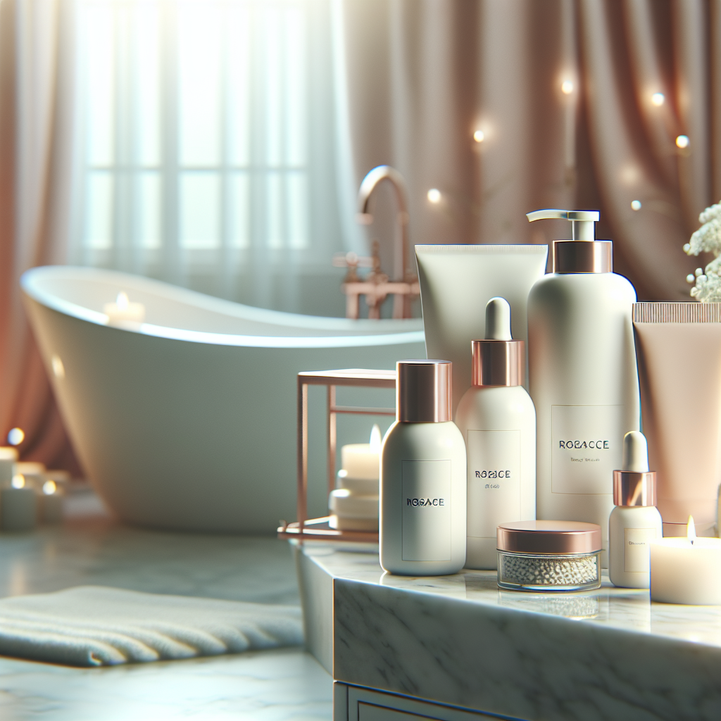 A serene bathroom setting showcasing various gentle skincare products suitable for rosacea-prone skin