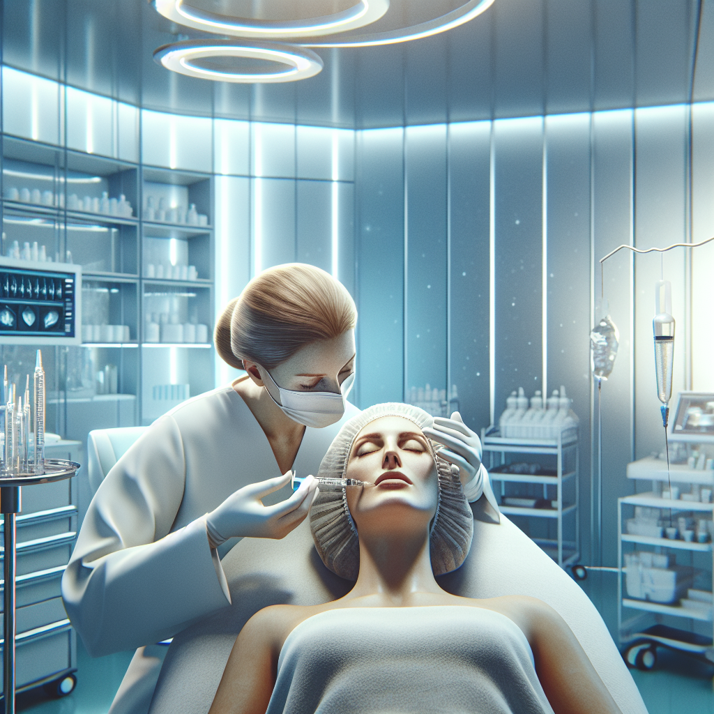 Aesthetic clinic interior with a patient receiving dermal filler treatment on their cheeks