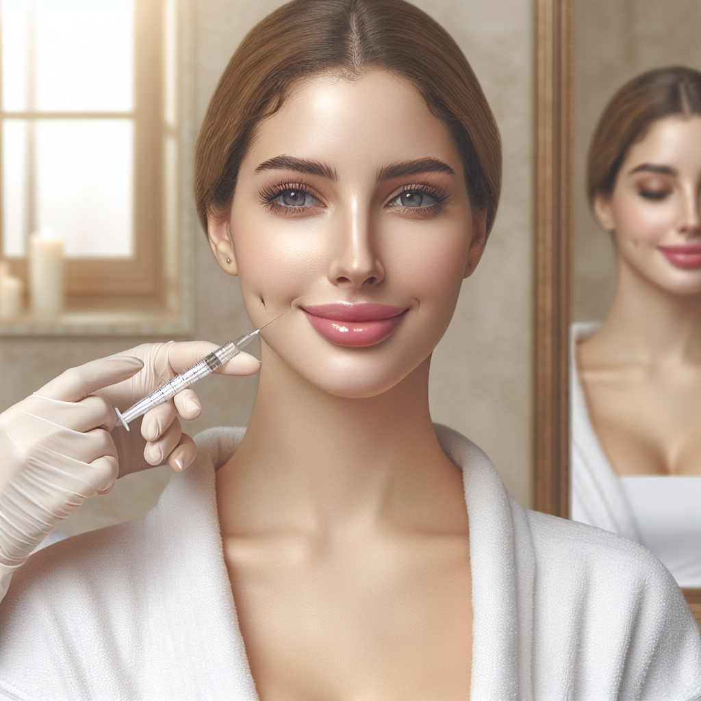 A serene spa environment showcasing a woman receiving dermal fillers in her cheeks with a gentle smile on her face