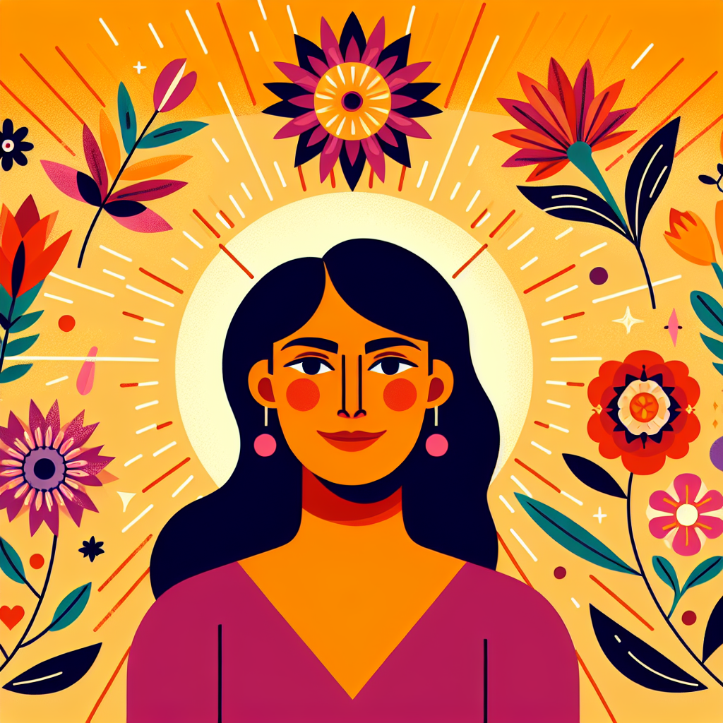 A vibrant illustration showing a woman in midlife feeling empowered with symbols of health like flowers and sunshine around her