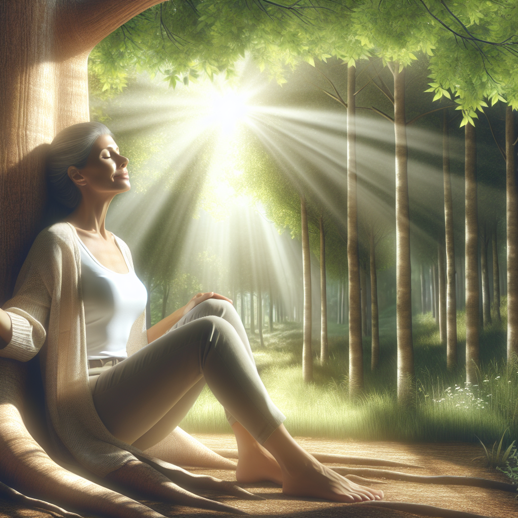 A woman experiencing relief from menopause symptoms with nature surrounding her