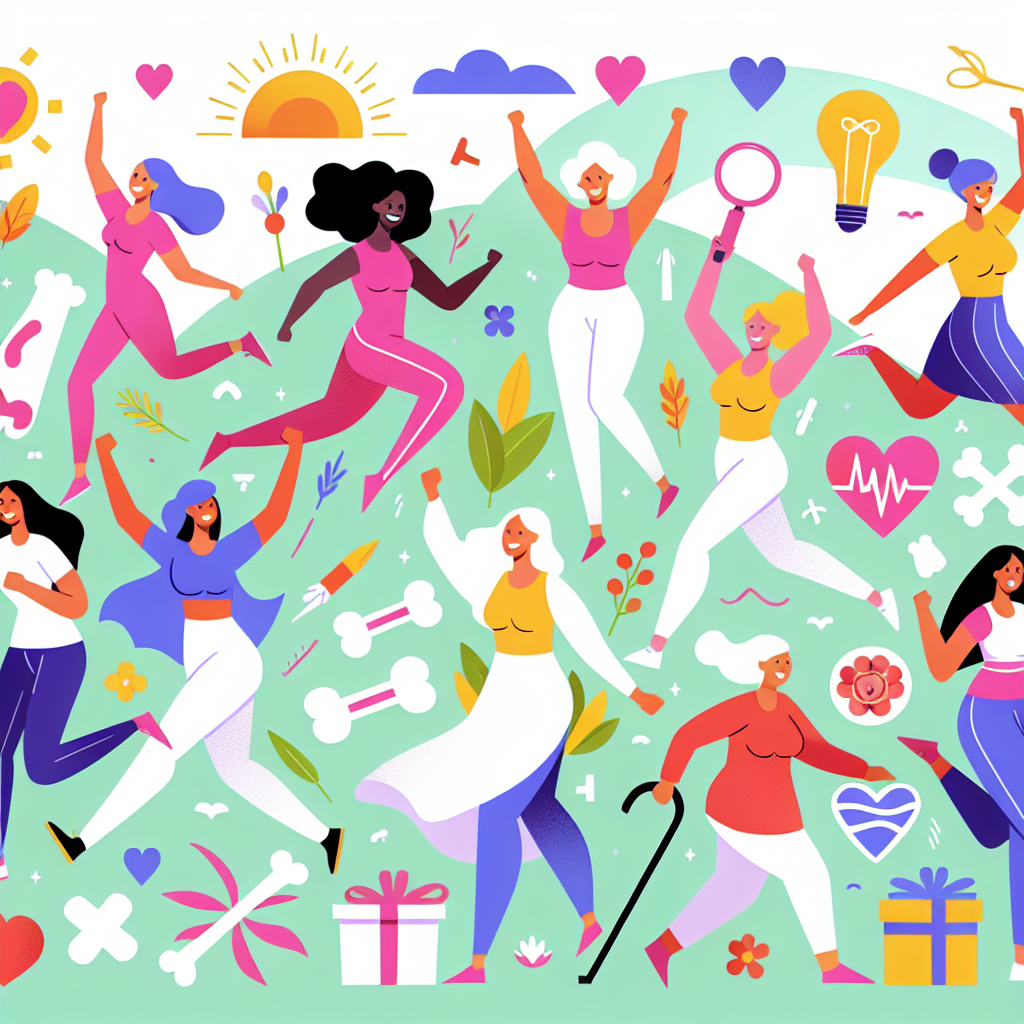 A vibrant illustration showing happy women enjoying life post-menopause with various symbols of health like bones, hearts, and brains around them