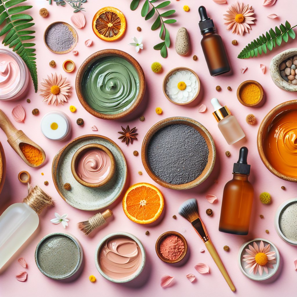 A vibrant skincare routine setup featuring natural products like clay masks, serums, and exfoliants in an aesthetically pleasing arrangement
