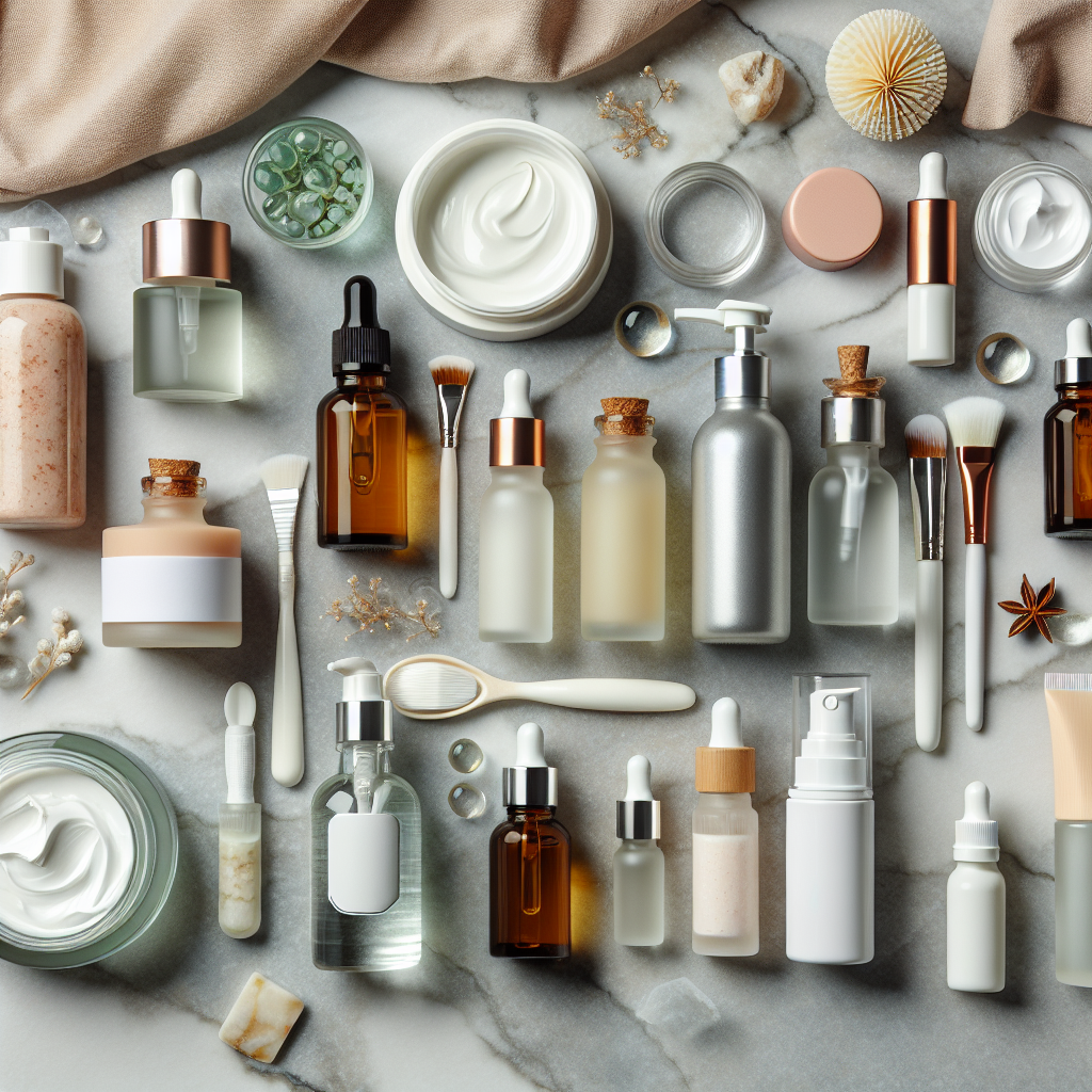 A flat lay of various non-comedogenic skincare products including serums, cleansers, and moisturizers on a marble background