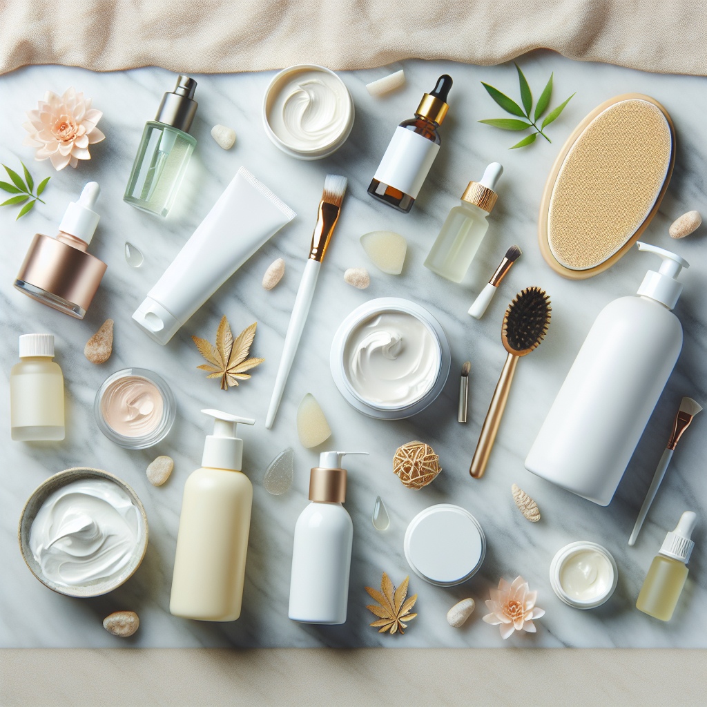A flat lay of various mattifying skincare products including cleansers, moisturizers, and face masks on a marble countertop.