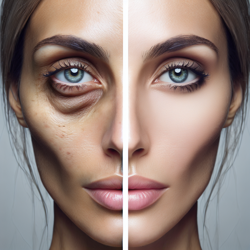 A close-up view of a person with noticeable dark circles and under eye hollows contrasted with another person showing smooth and rejuvenated under eyes after treatment.