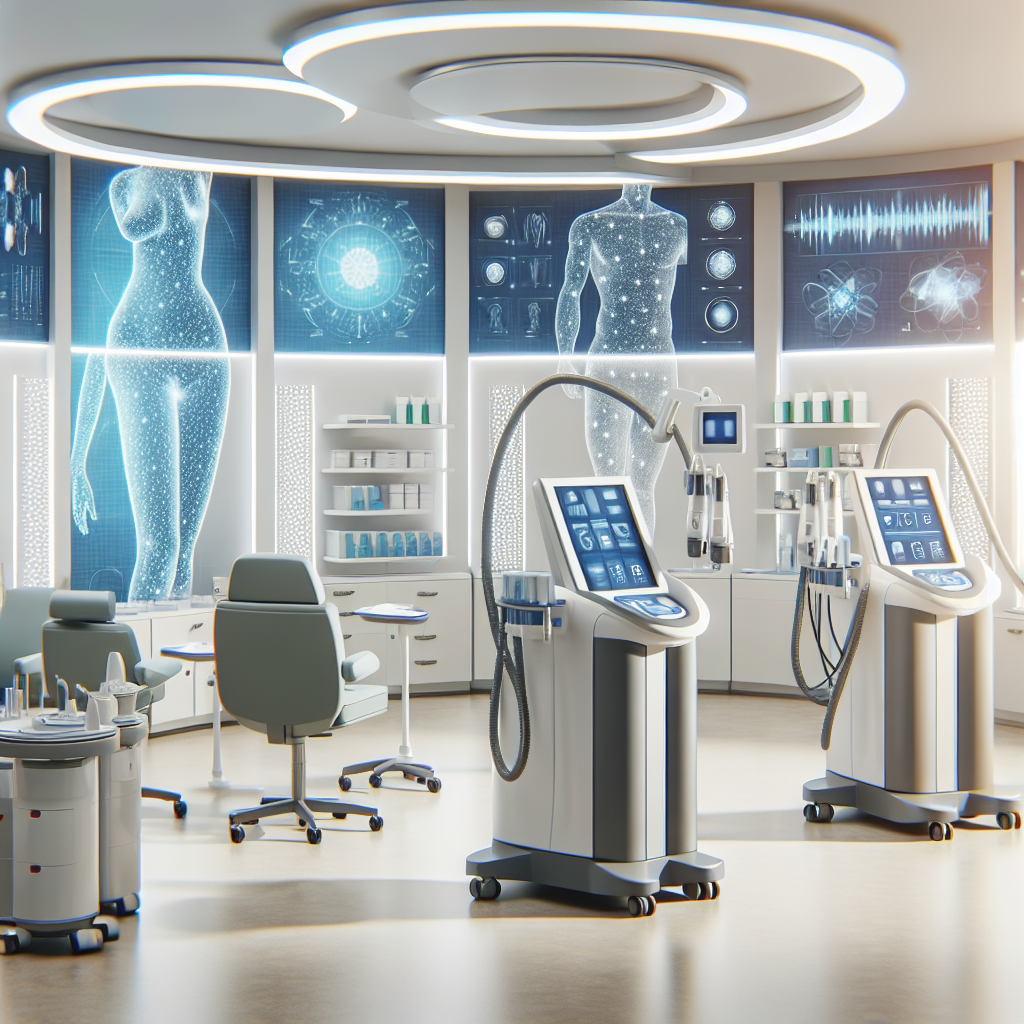 A modern aesthetic clinic interior showcasing various non-surgical body sculpting machines like CoolSculpting and ultrasound devices in use