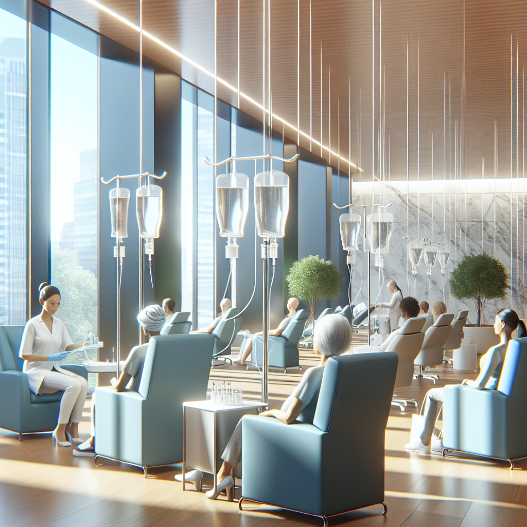 A modern wellness clinic with patients receiving IV infusion therapy in comfortable chairs, bright and inviting atmosphere