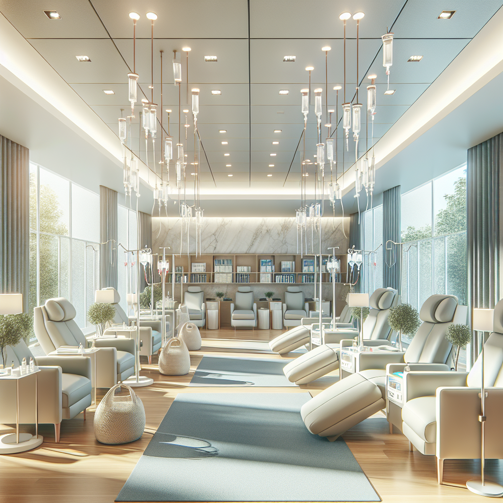 An attractive wellness clinic interior featuring IV infusion therapy stations with comfortable seating and soothing decor