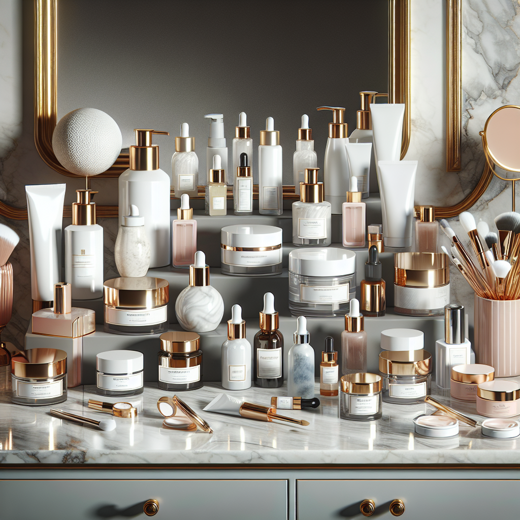 A visually appealing layout showcasing various medical grade skincare products on a stylish vanity
