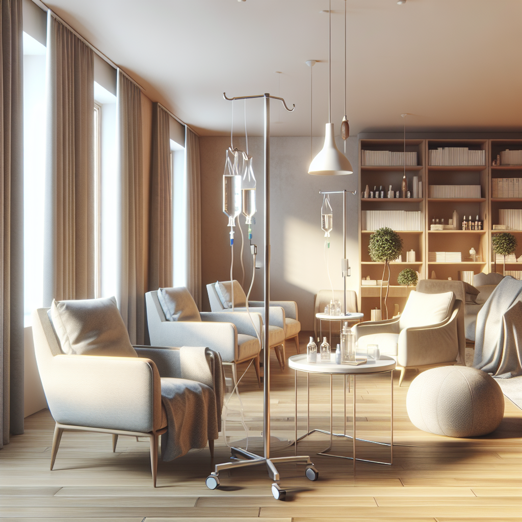 A cozy wellness clinic room with comfortable seating and an IV drip setup