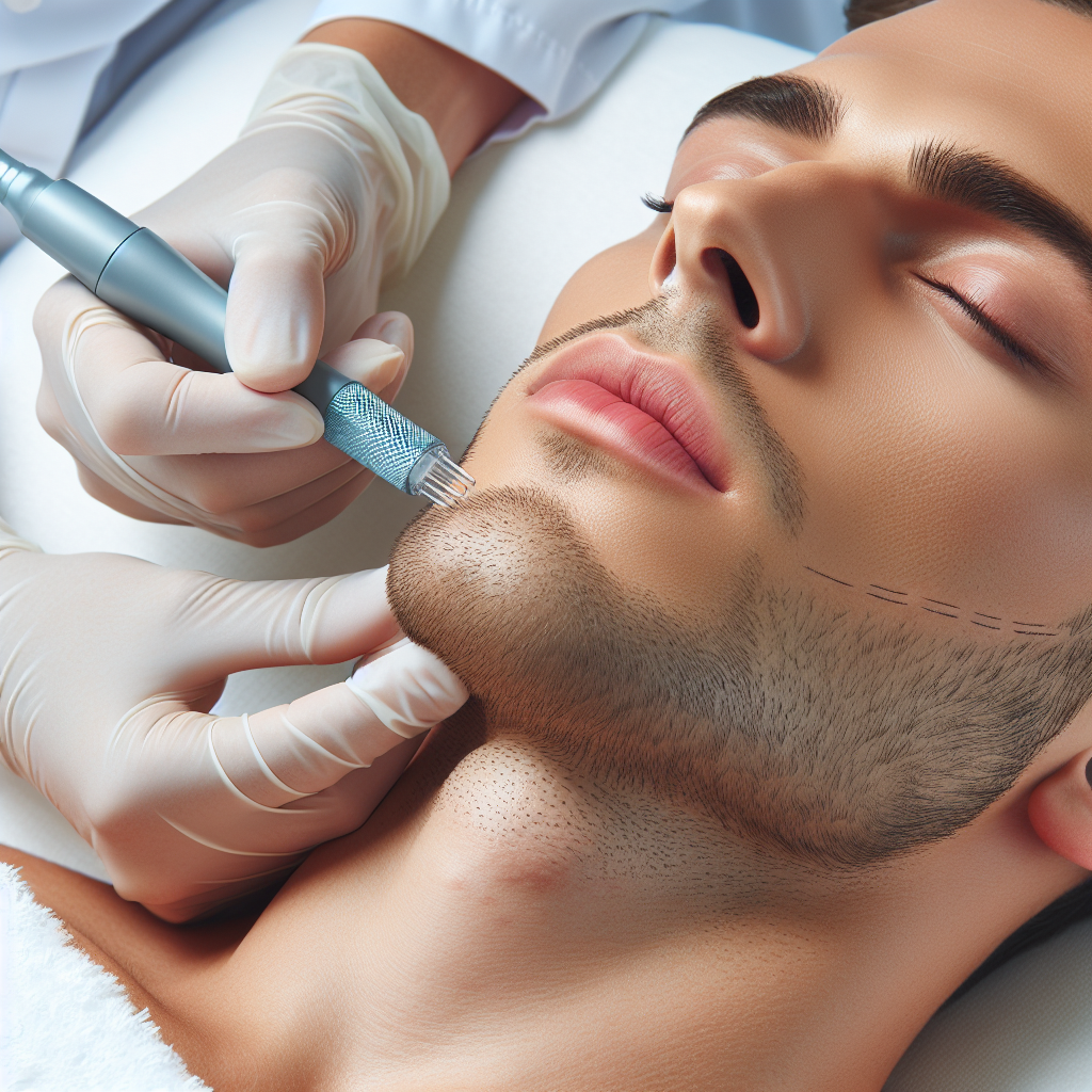 A close-up view of a professional microneedling procedure in progress on a client's face