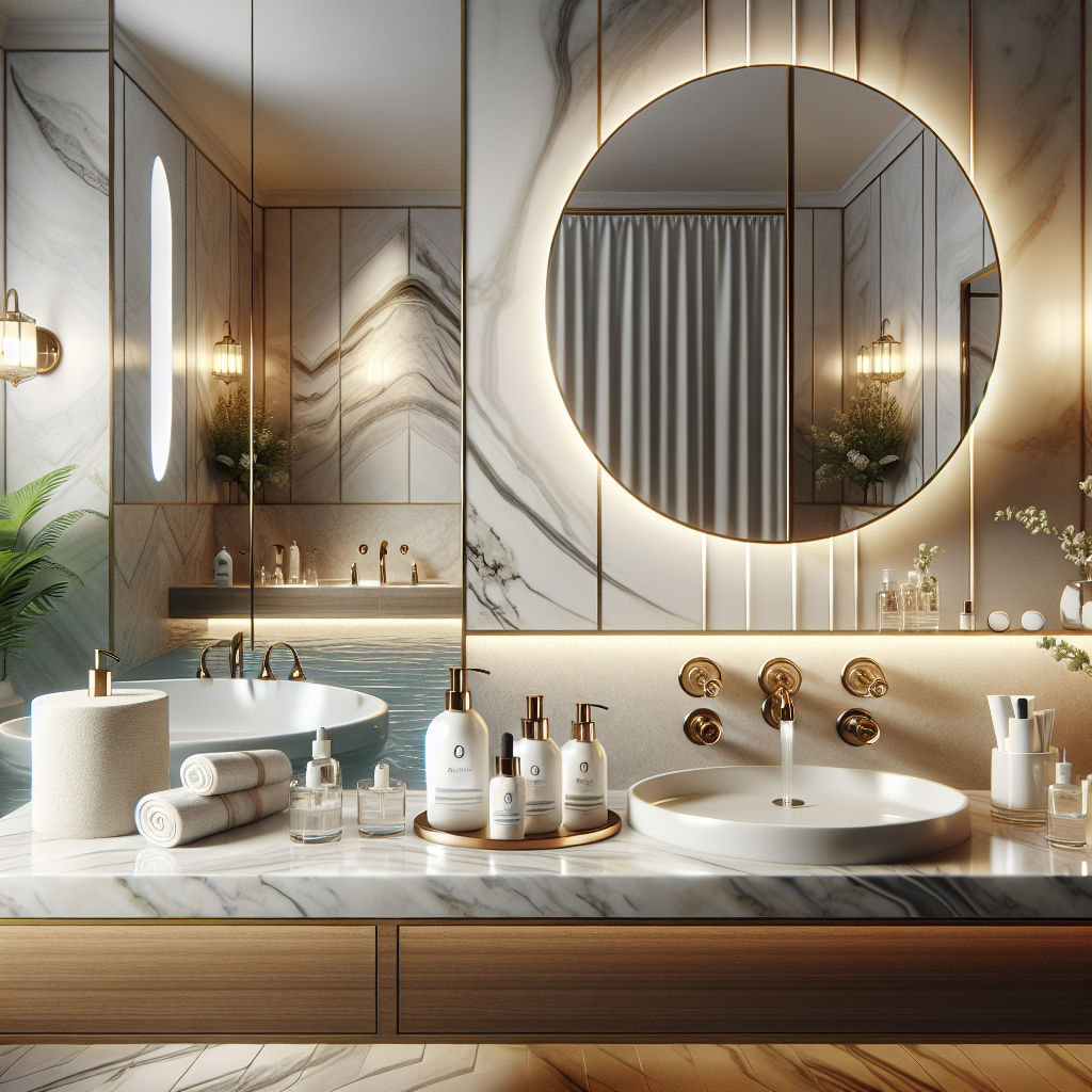 A luxurious bathroom setting showcasing medical grade skincare products on a marble countertop