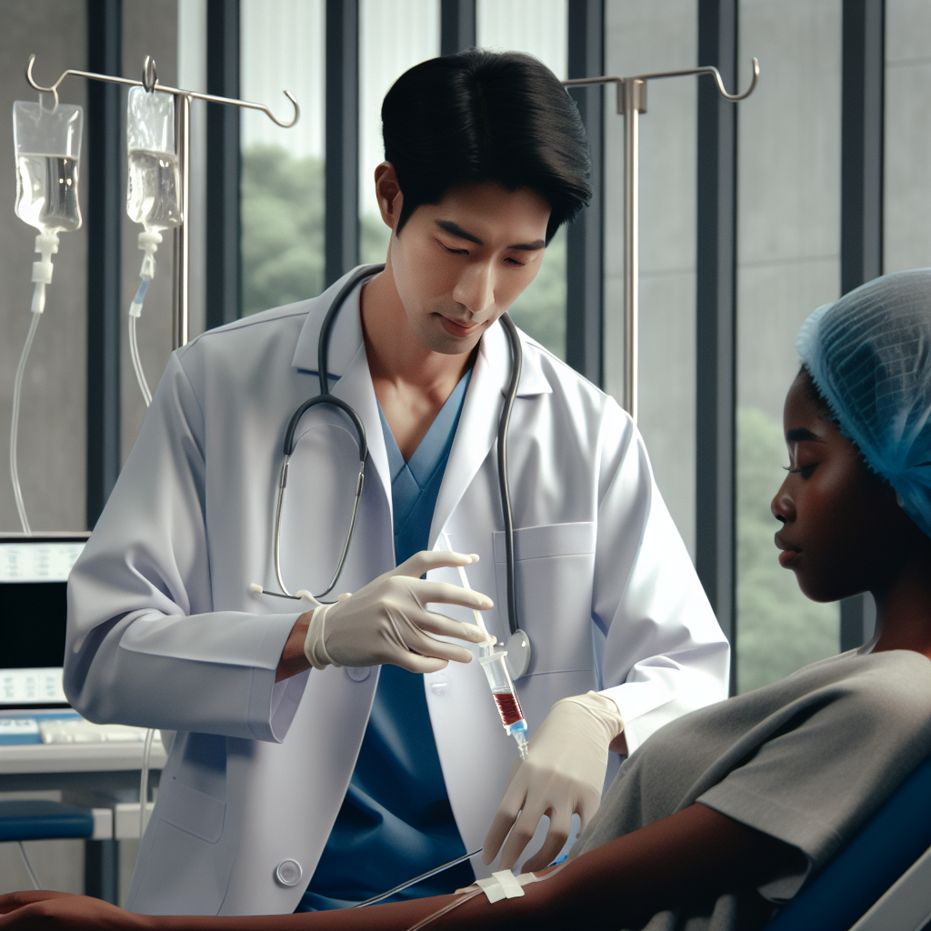 A healthcare professional administering an intravenous infusion in a modern clinic setting