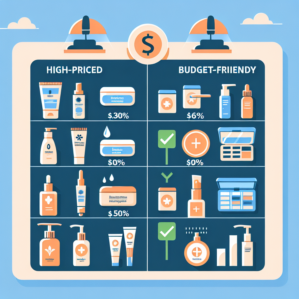 A visually appealing comparison chart showing high-priced skincare products versus effective budget-friendly alternatives