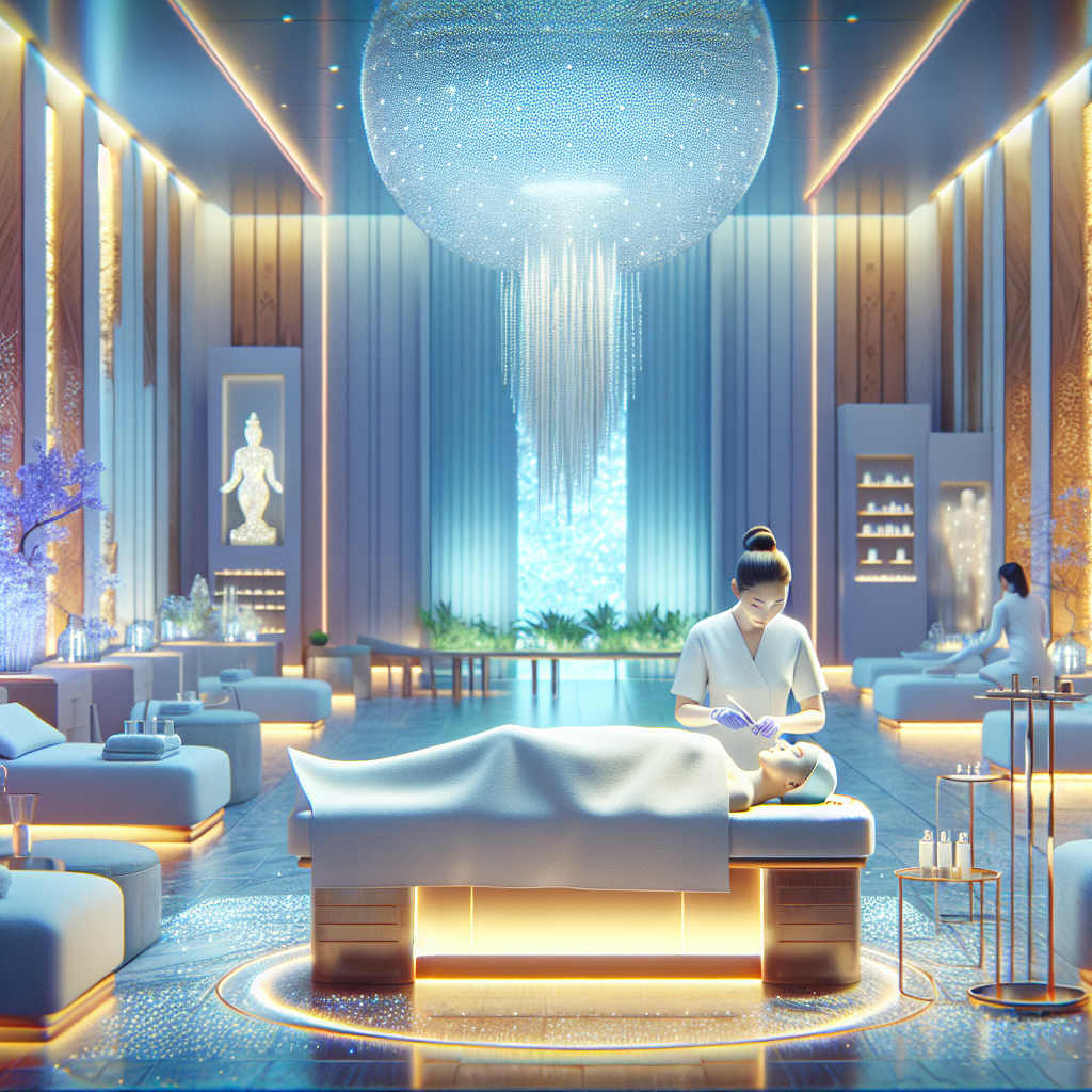 A serene spa environment with an aesthetician performing microneedling on a client