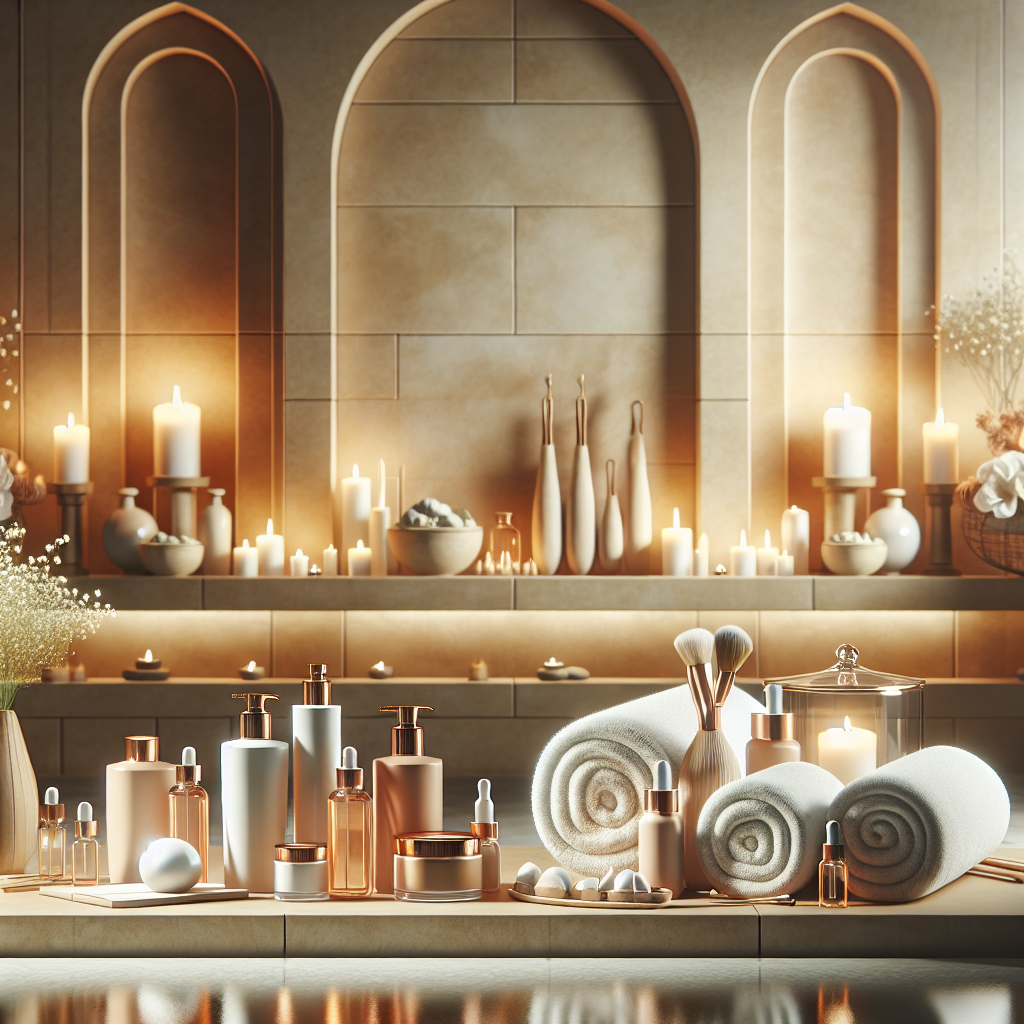A serene spa setting showcasing various anti-aging skincare products and treatments