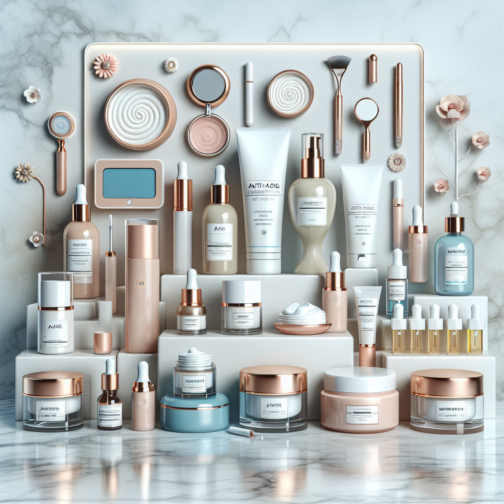 A vibrant display of various anti-aging skincare products including serums, creams, and tools on a marble countertop