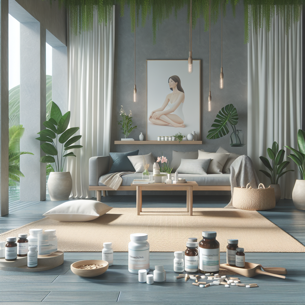 A serene wellness environment showcasing natural remedies for hormone balance, including herbal supplements and bioidentical hormone products