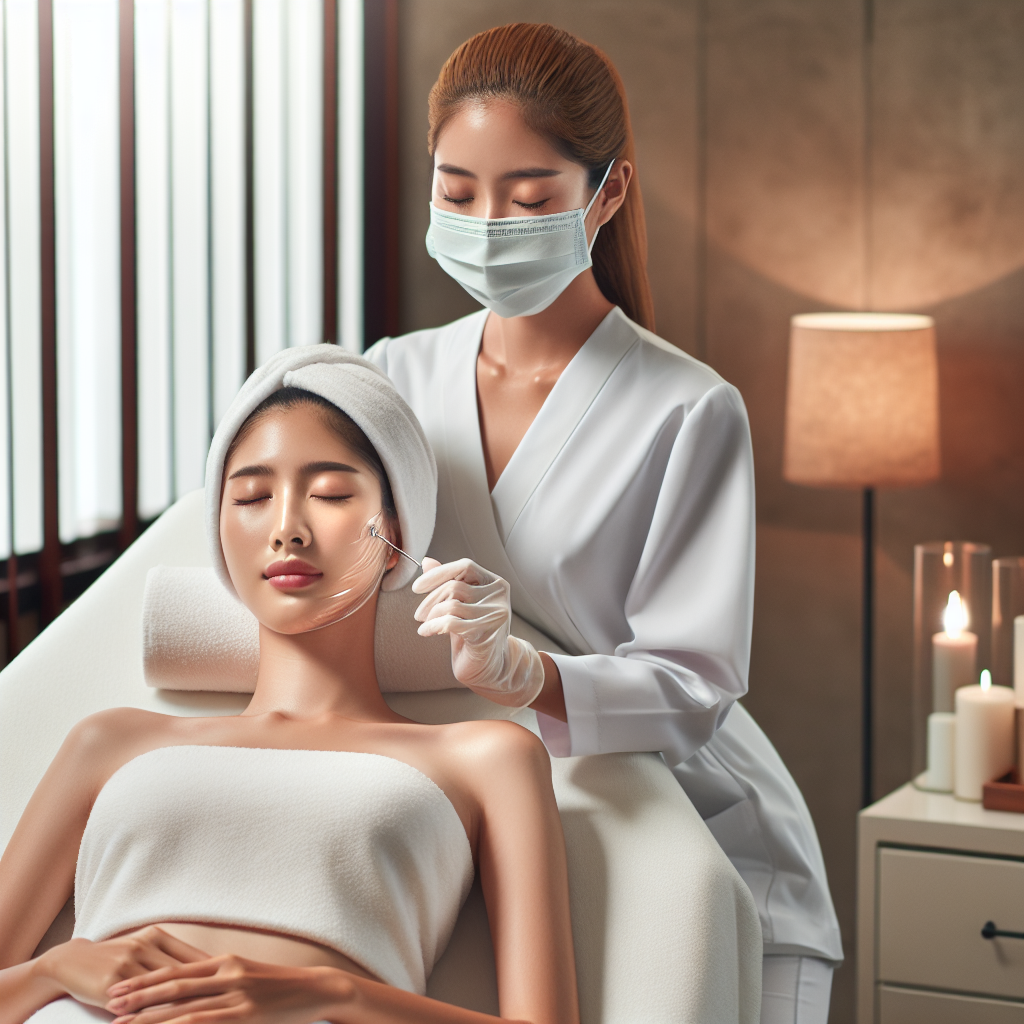 A serene spa setting with a person receiving microneedling treatment