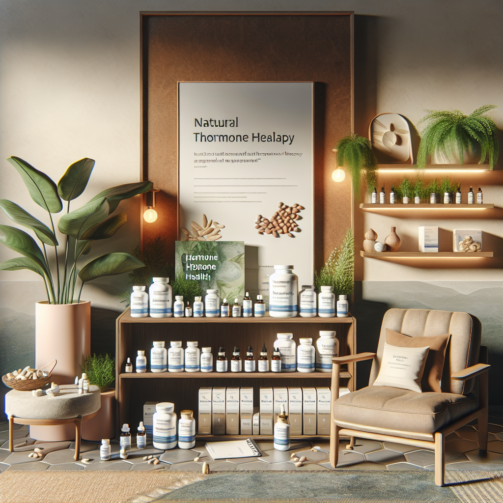 A serene wellness environment showcasing various natural hormone therapy options such as herbal supplements, bioidentical hormones, and educational materials on hormone health.