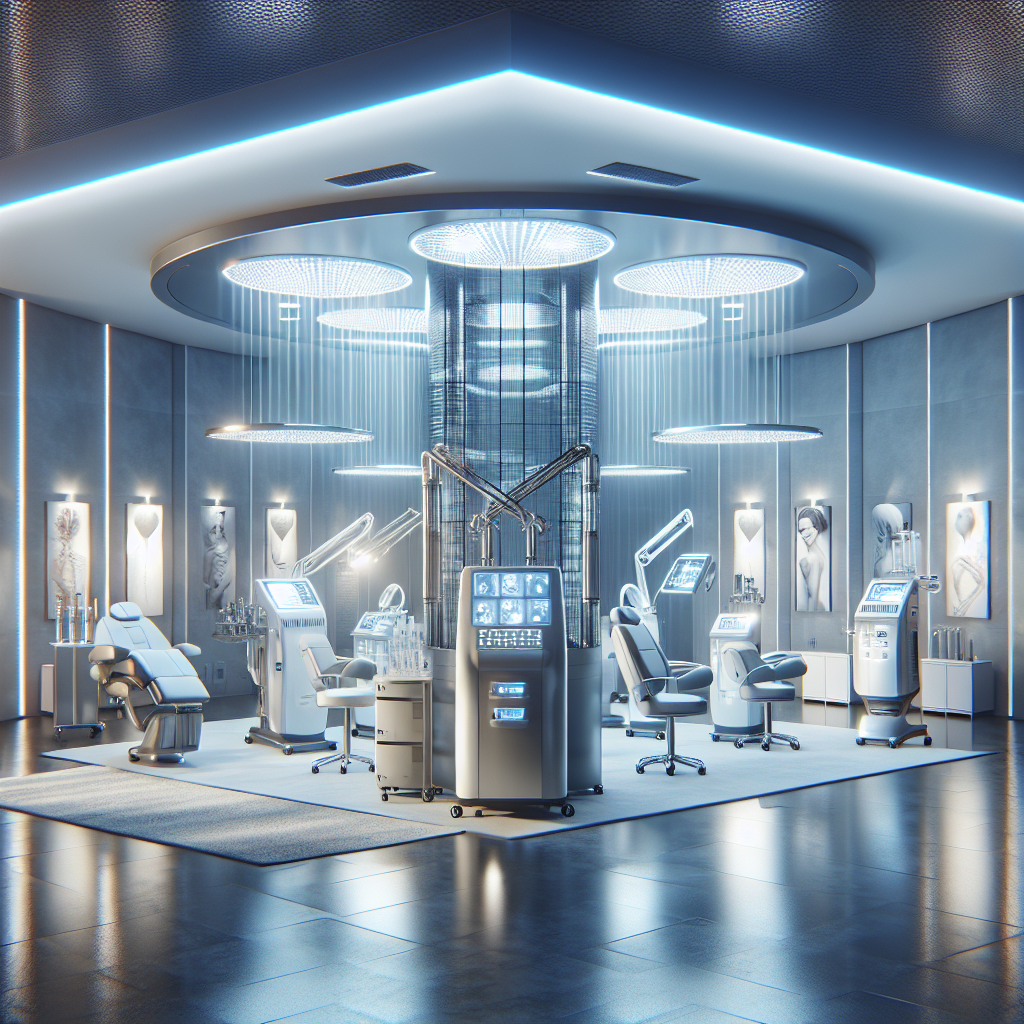 A modern spa room featuring advanced anti-aging technology such as laser treatment equipment and LED light therapy devices